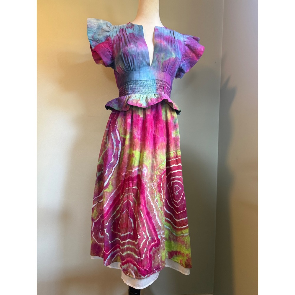 o.p.t Tie Dye Smocked Peplum Midi Dress Pink Purple Green boho whimsi festival S